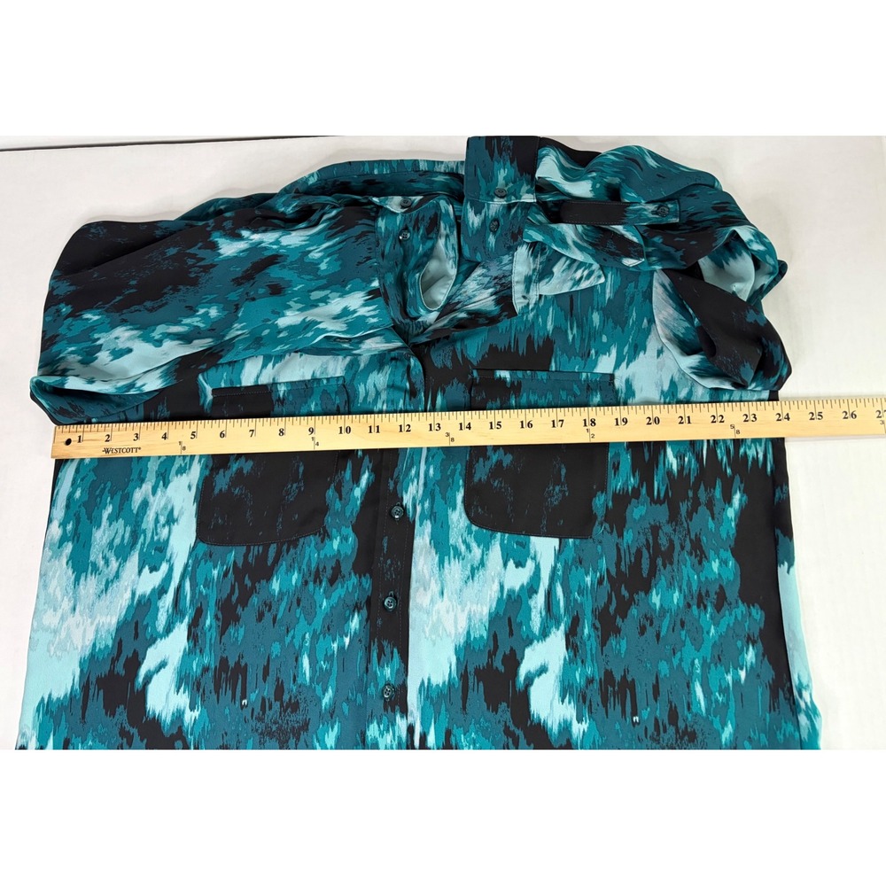 Olivia Investments Teal Black Abstract Print Roll Tab Button Down Blouse Large - Picture 5 of 11